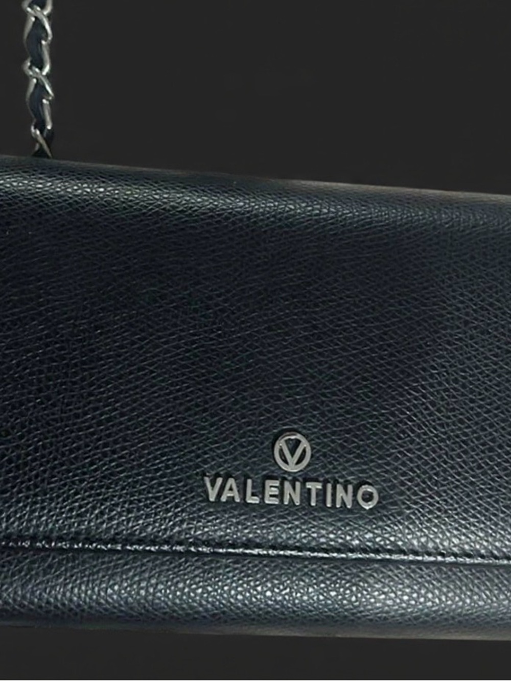 Valentino Black Leather Crossbody with Silver Chain